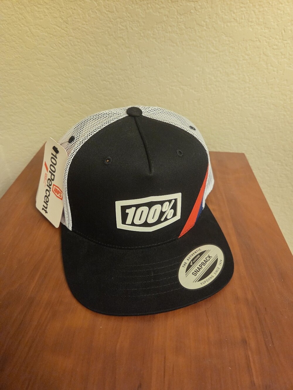 NWT- 100% Black & White Mesh Snapback Hat with Red Accent